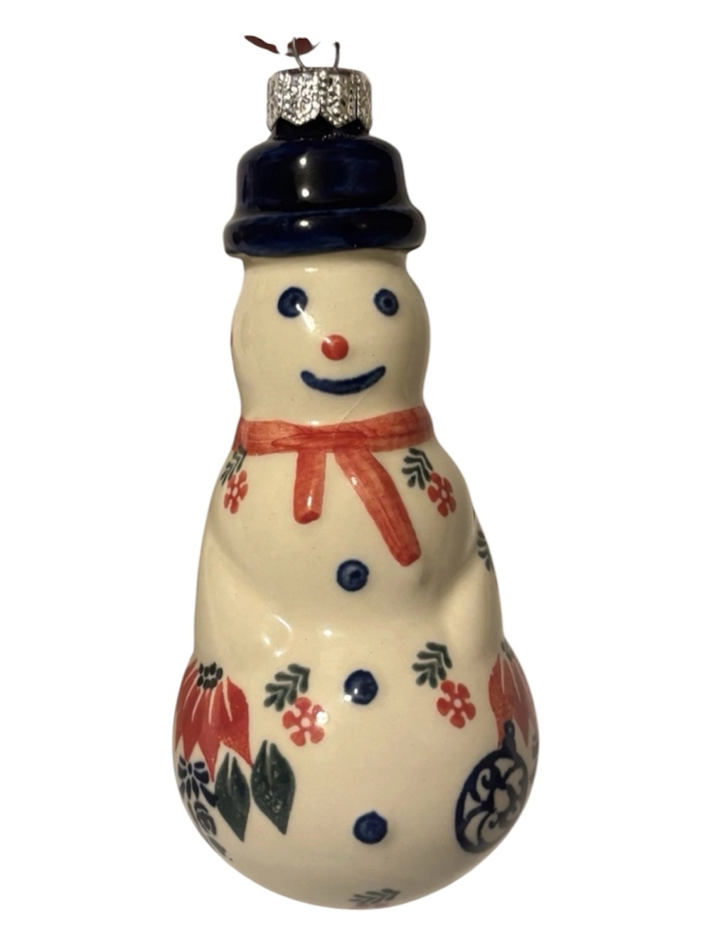 Hand-Painted Ceramic Snowman Ornament - White with Blue Hat and Red Scarf Polish